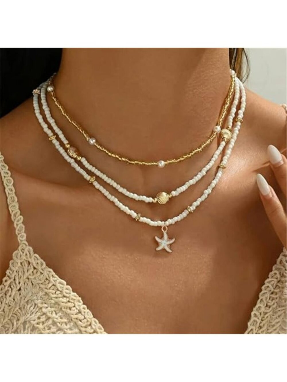Shell Starfish Necklace for Women, 14k Gold Plated Boho Layered Beaded Charm